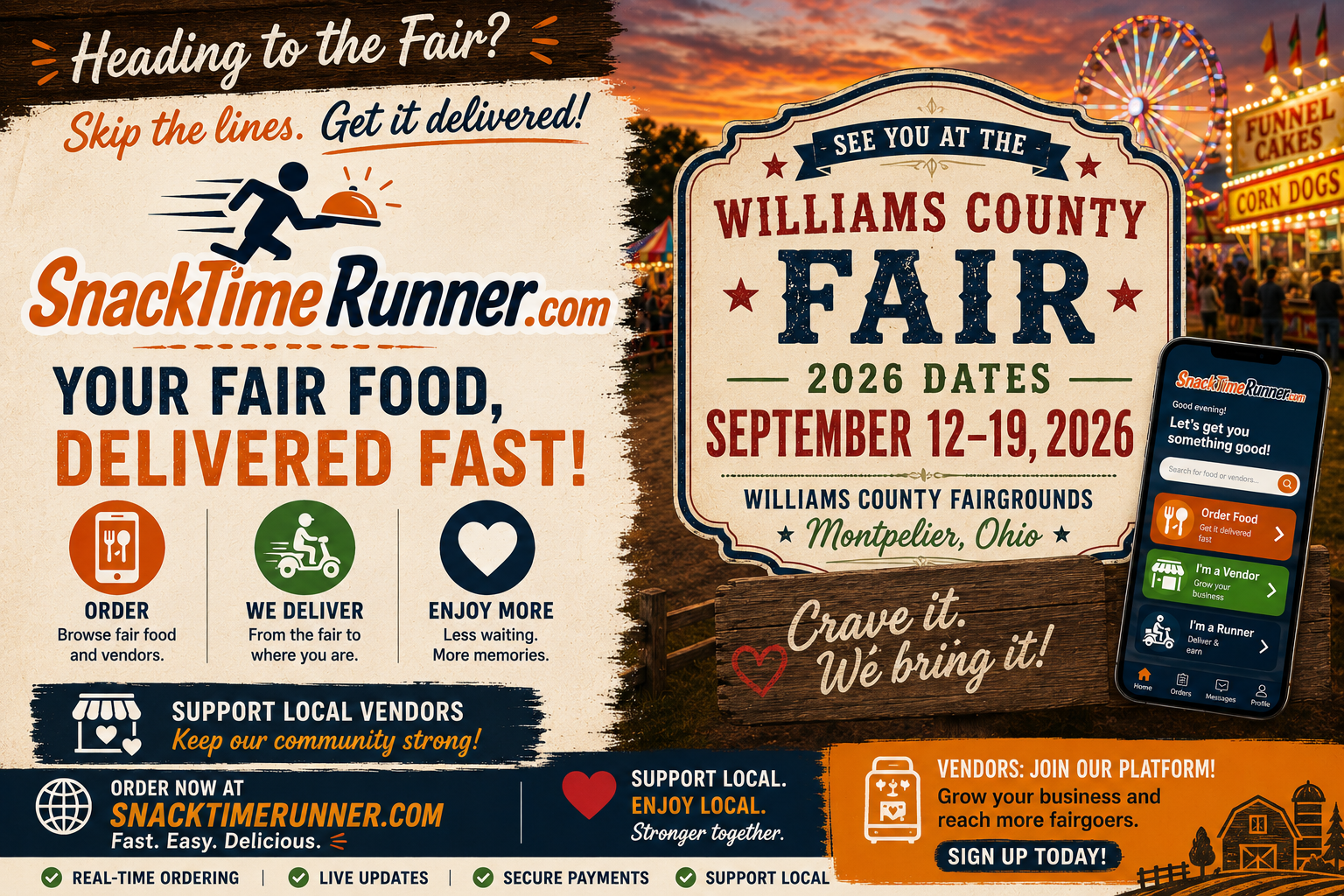 SnackTimeRunner.com promotion for the Williams County Fair, September 12 through 19, 2026, in Montpelier, Ohio.