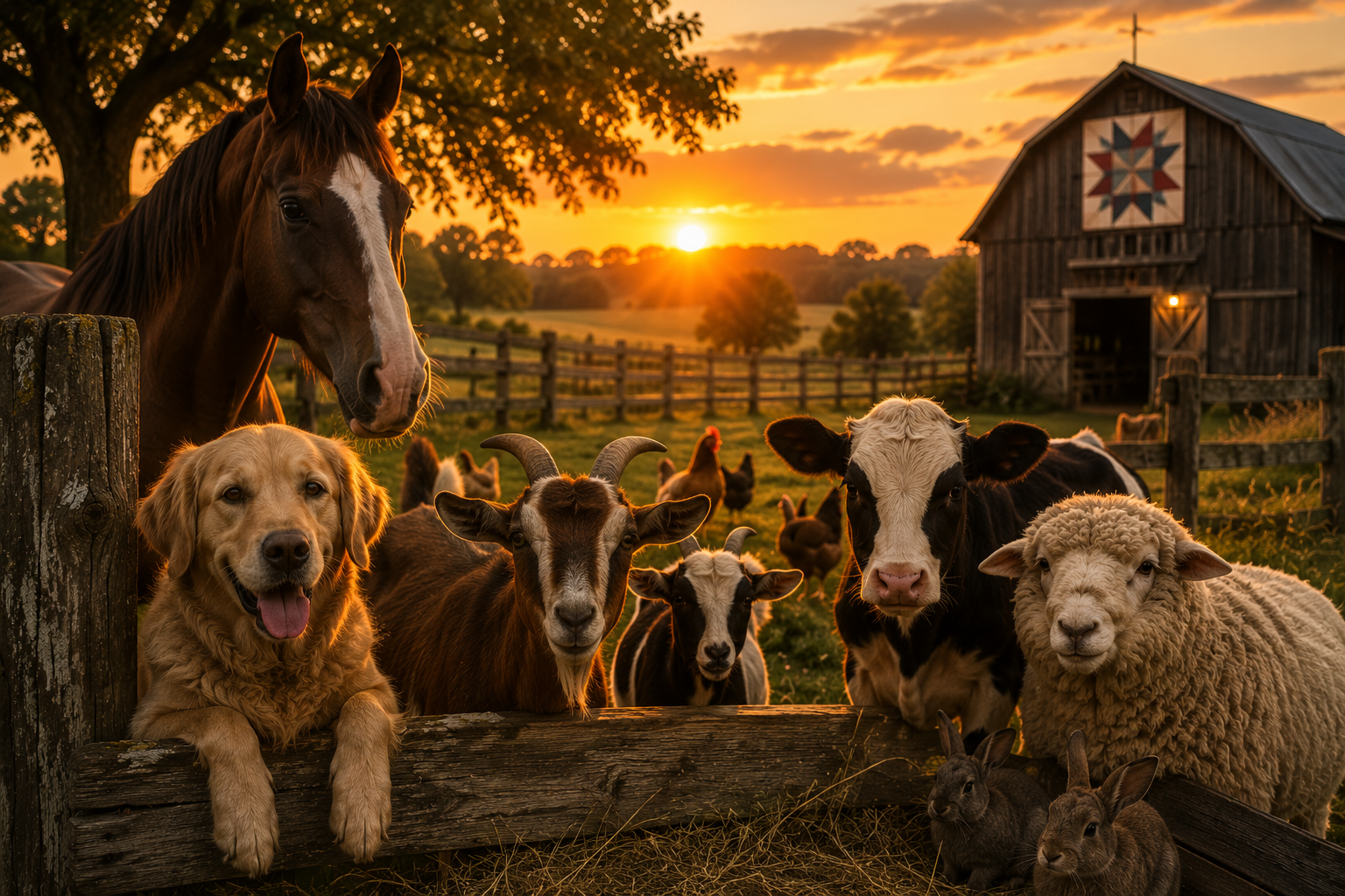 Farm animals gathered together at golden hour