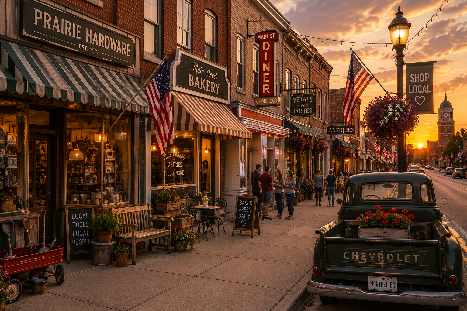 Locally owned shops along a warm small-town main street