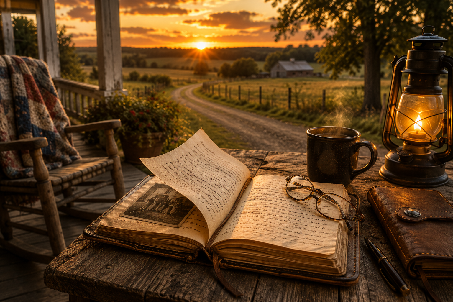 An open journal and family photograph on a country porch