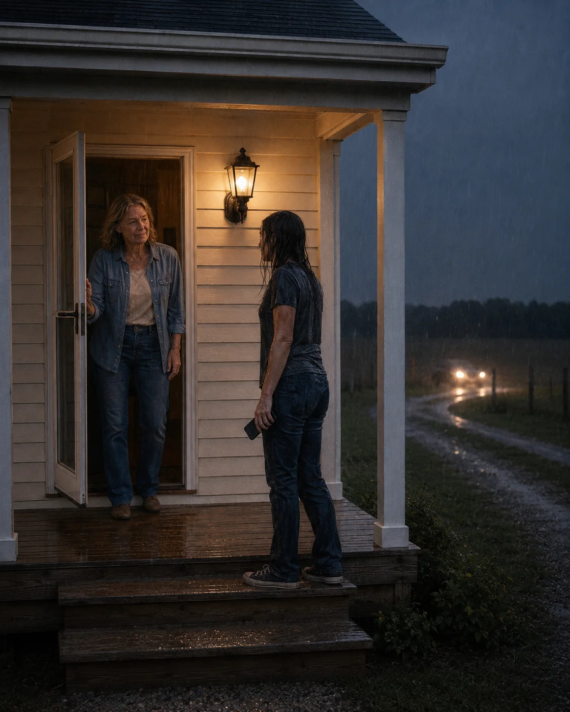 Clara Hart welcoming a rain-soaked young woman at her porch during a nighttime storm.